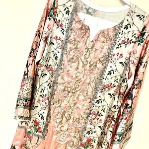 Traditional Silk pink multi floral tunic with matching silk white bottoms.